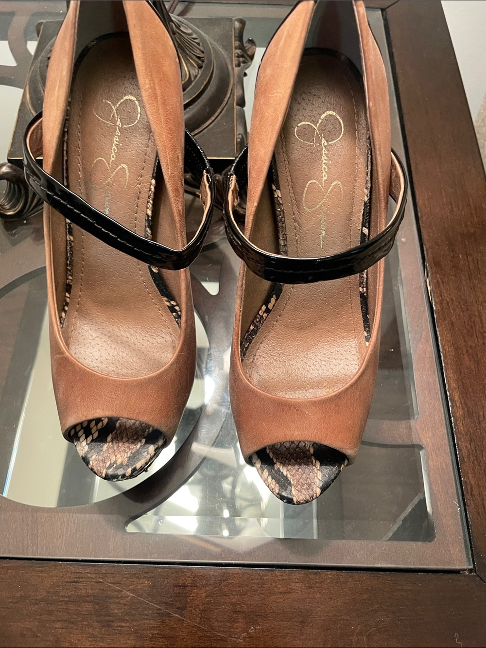 Jessica Simpson Brown Peep-Toe Slingback Heels with Black Strap